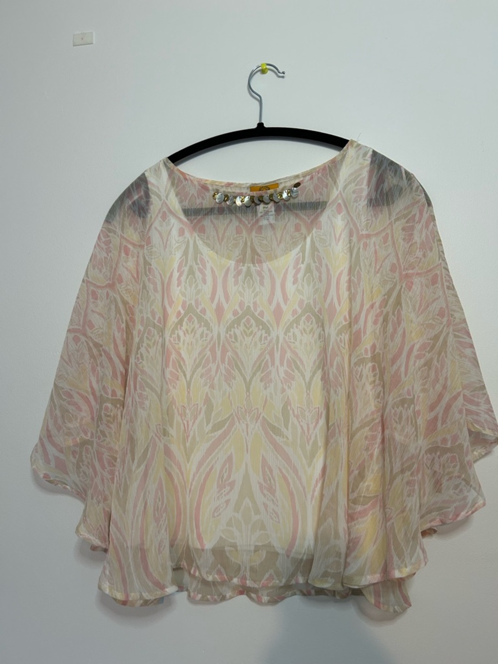 Ruby Rd. Pastel Pink and Cream Sheer Patterned Flutter Blouse